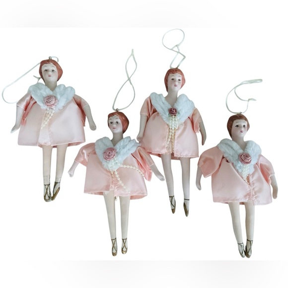 Other - FOUR Vintage Ballerina Ornament Porcelain Dancer Fur Hand Painted NOS 7.5 Inches